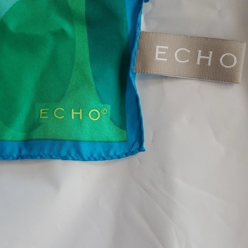 Echo- Womens Geometric Circles Silk Scarf Blues, Greens,White, Yellows 11 X 59